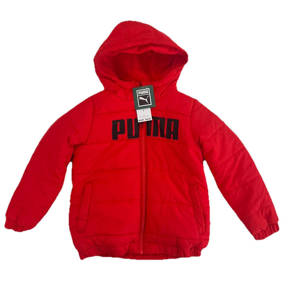 $64 Puma Youth Winter Puffy Jacket Size 5  Kids Red Hooded Full Zip